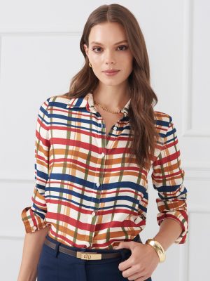 Madeline Silk Blend Shirt in Plaid Flourish